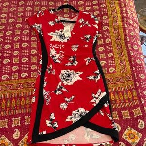 Crave Fame Red Floral Almost Famous Style Mini Dress with Black Trim